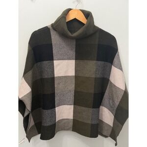 Chicwish Lie In Check Fields Turtleneck Cape Sweater Poncho Army Green Plaid OS